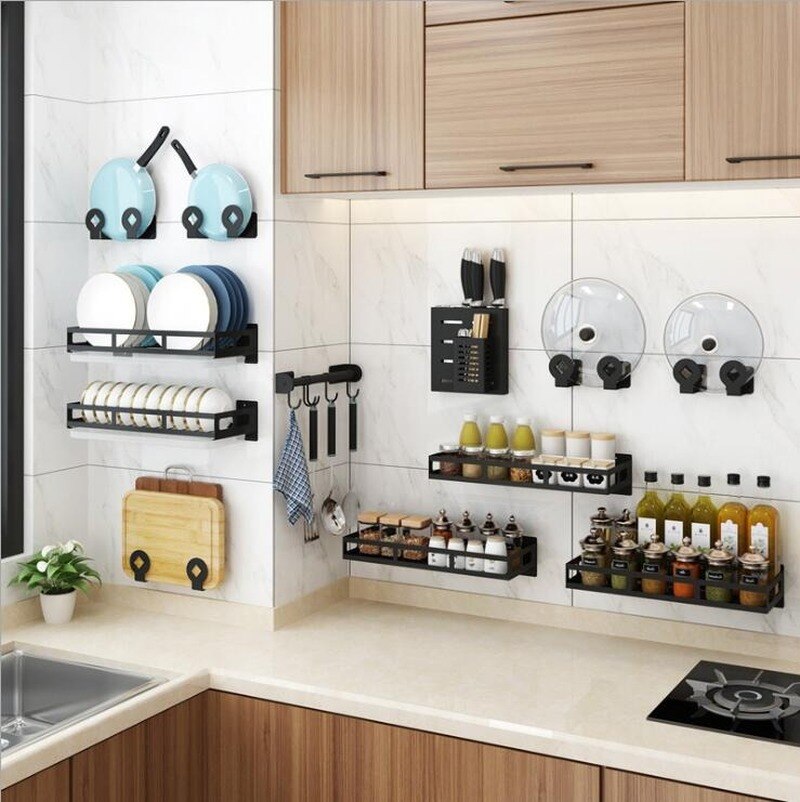 Stainless steel kitchen rack wall-mounted dish rack dish rack free perforated seasoning rack knife rack pot cover rack