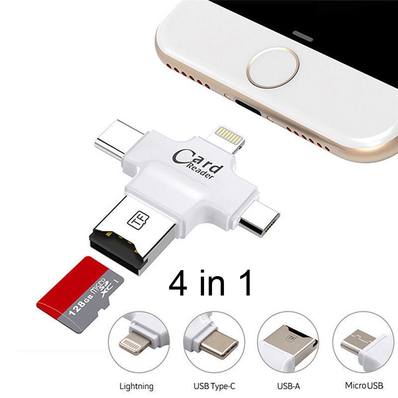 Leitor de cartão de memória 4 em 1, usb tipo c/lightning/micro usb 2.0 otg micro sd sdxc sdhc tf para ios/iphone android