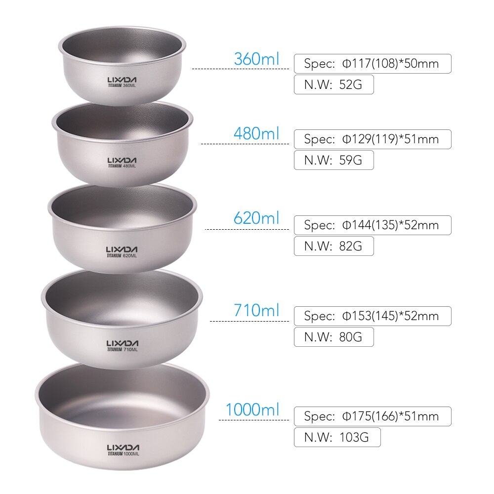 Lixada Titanium Bowls 360ml/480ml/620ml/710ml/1000ml Fruit Vegetable Dinner Bowl Plate Food Container Camping Equipment