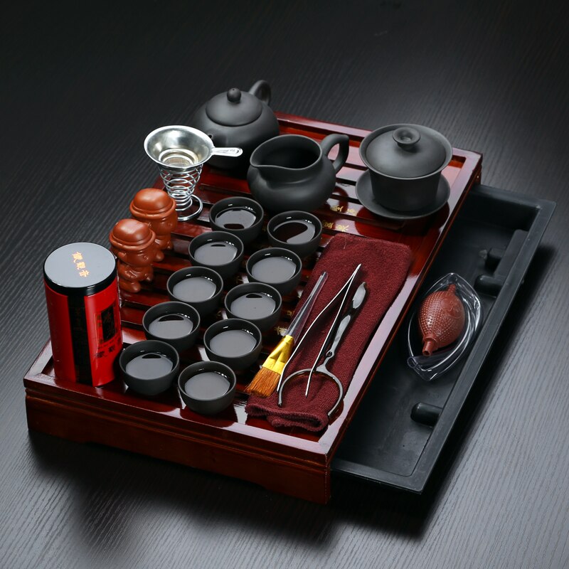 Promoção de vendas! Yixing argila roxa kung fu chá conjunto de madeira maciça bandeja chá bule &amp; copos de chá drinkware chá chinês cerimônia