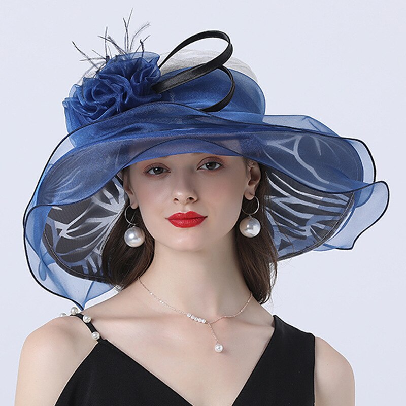 Women Summer Church Hat Organza Wide Brim Sun Hat Ladeis Fascinator Hat for Kentucky Derby Wedding Bridal Hat Dress Party Hat