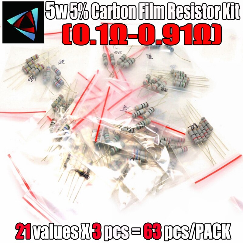 63PCS/LOT 5W resistor package 5% 0.1R-0.91 21Values*3=63Pcs Carbon Film Resistor Commonly kits Metal Oxide Film Resistors kit