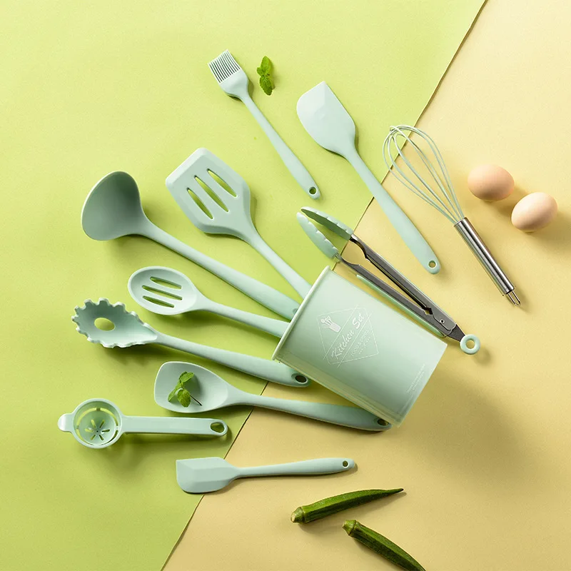 Silikon kjøkkenredskaper sett non-stick stekespade spade suppeskje håndtak kokeverktøy sett bpa-fritt kjøkkenverktøytilbehør: Militærgrønn