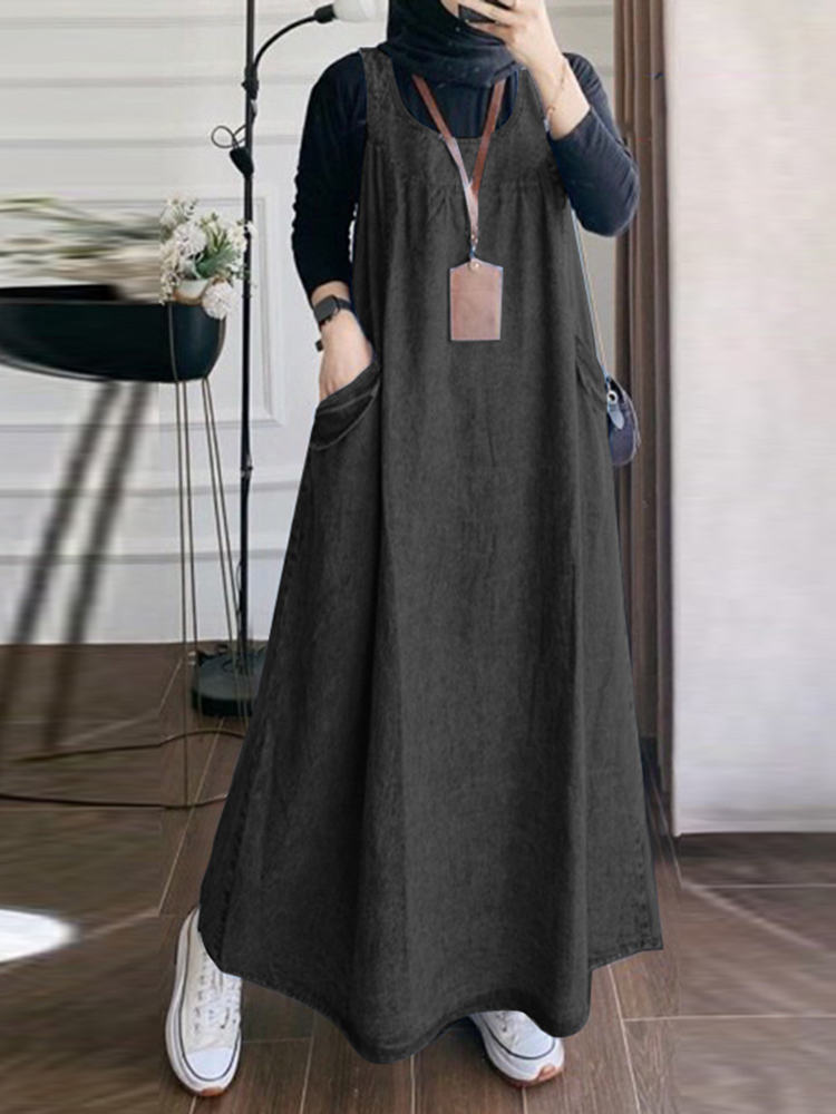 Sommer Elegante Overalls Kleid ZANZEA Muslimischen Maxi Sommerkleid Robe Femme Vintage Straps Solide A-line Denim Blau Vestidos Kaftan 2024: S / Black