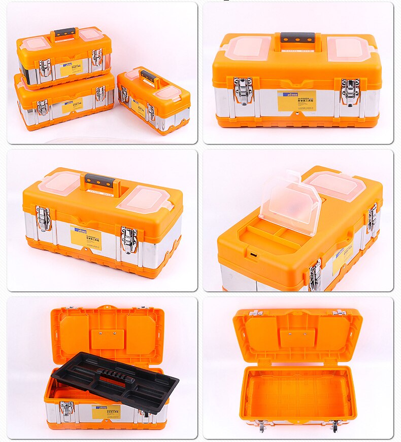 Qianghao internationalt mærke plastik stor rustfrit stål værktøjskasse husholdningsvedligeholdelse elektriker værktøjskasse: Orange / 19 tommer