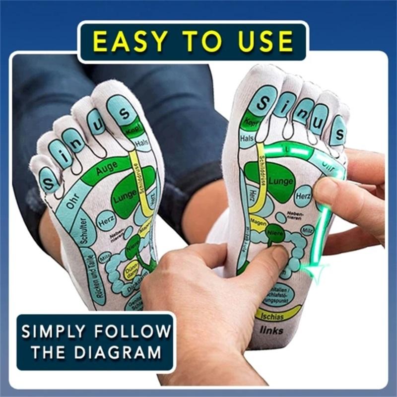 Calcetines de acupresión para fisioterapia, masaje, alivio del cansancio, reflexología, ilustración completa en inglés,