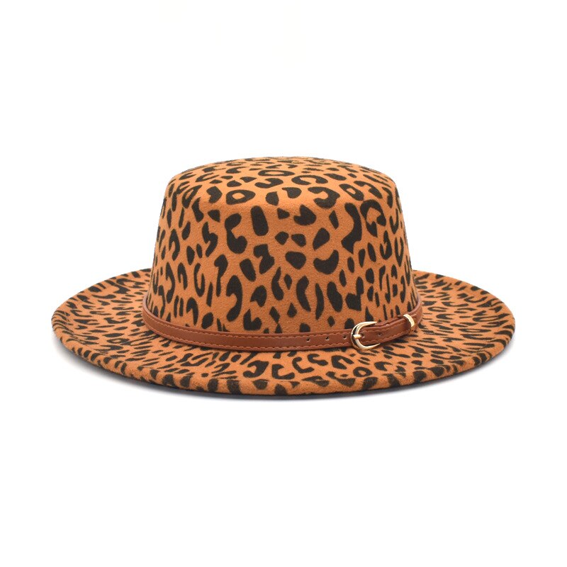 Klassisk leopardfilt fedora mænds og kvinders kunstige uld blandet jazz hat bred rand enkel kirke derby flad top hat re: Kaffe