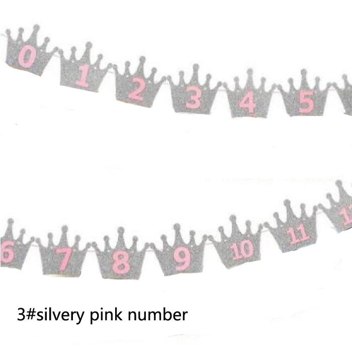 Gouden/zilveren kroon feestvlag 1e verjaardag wimpel bel slinger banner wimpel decoratie diy bedankje: 3 zilverroze nummers