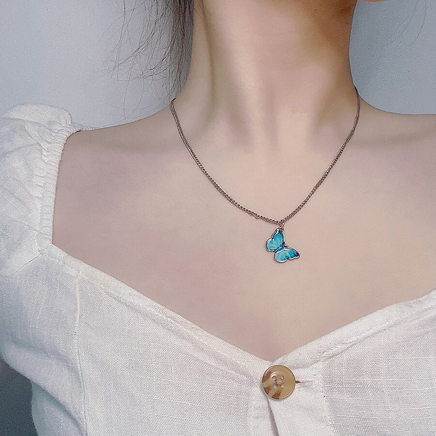 Koreańska, niebieska gradientowa motyl naszyjnik dla kobiet dziewczyn kolor srebrny motyle wisiorek choker naszyjniki biżuteria prezent hurtownia