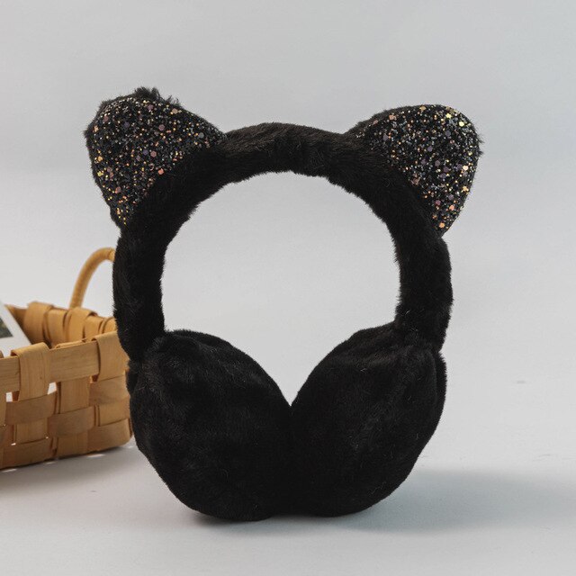 Orejeras de felpa con orejas de gato para niño, orejeras bonitas y cálidas para exteriores, de lentejuelas brillantes, suaves, diadema para niño, 6 colores: Black