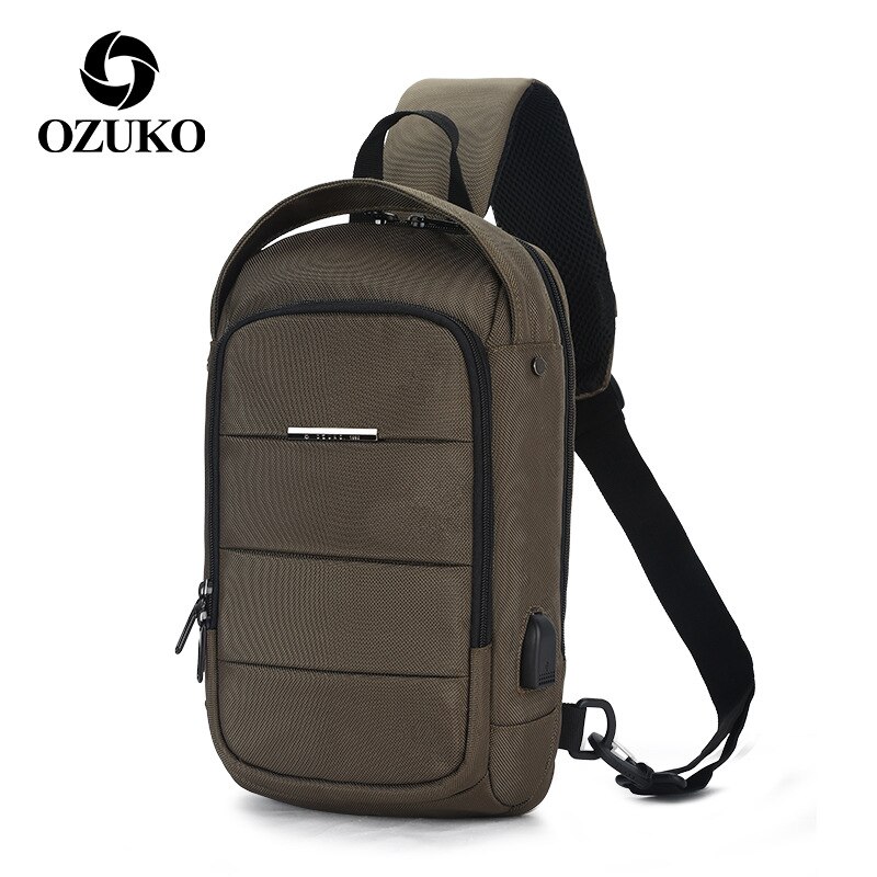 OZUKO sacs à bandoulière imperméables hommes poitrine Pack homme sac à bandoulière grande capacité Oxford poitrine sacs USB sacs de charge pour hommes: Army Green