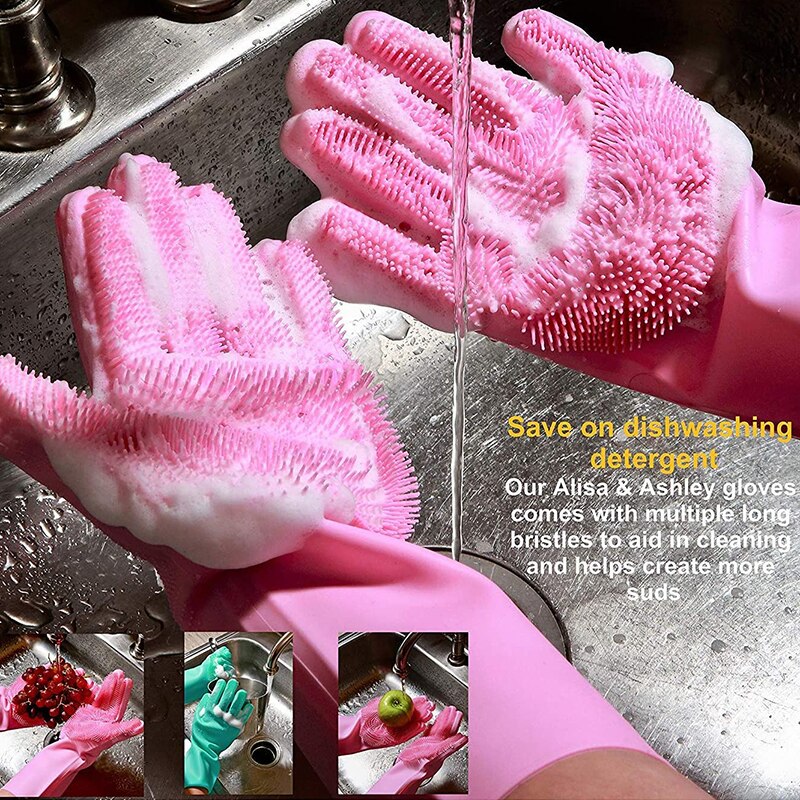 Guantes de esponja para limpiar platos, de silicona, mágicos, multifunción, 1 par, goma de lavado de silicona, guantes para fregar para limpieza de cocina