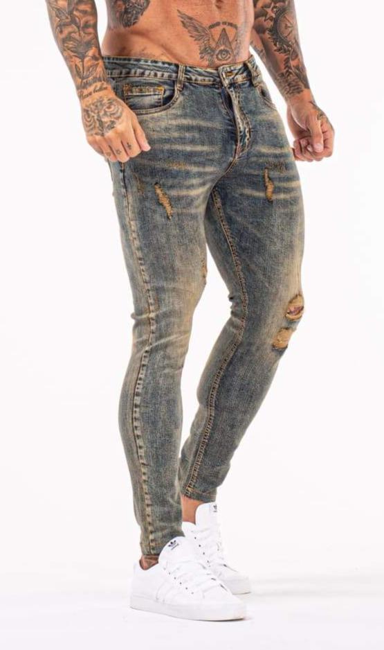 Retro Jeans Mannen Elastische Taille Skinny Jeans Mannen Stretch Ripped Broek Streetwear Heren Denim Jeans Blauw