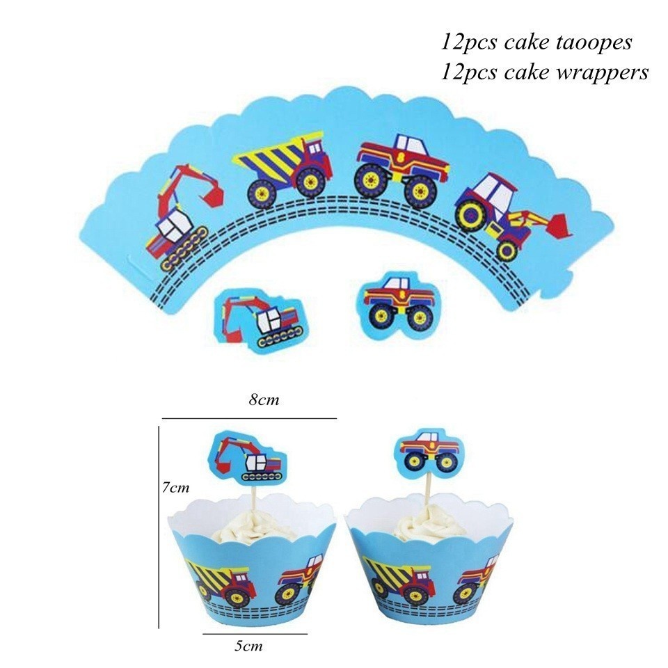 1set Carton Construction Pelle Bulldozer Jetable Vaisselle Assiettes En Papier Tasses pour garçon Joyeux Anniversaire Fête Décoration D&#39;approvisionnement: Cake Topper C