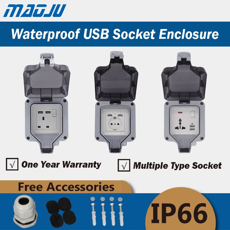 EU UK British Germany European Russian USB 1 Gang Waterproof Socket Enclosure Box Outdoor Outlet Weatherproof 13A 16A Plug In