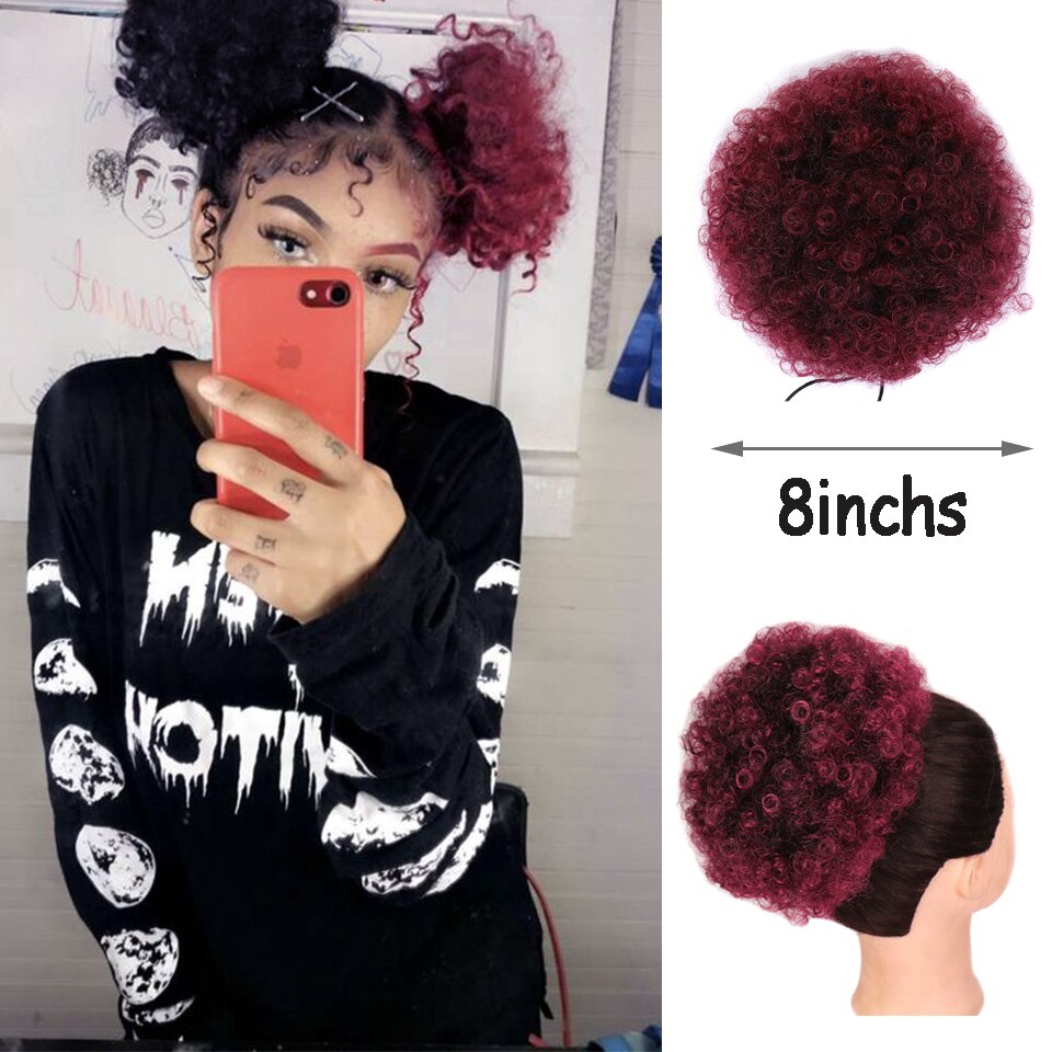 HOUYAN Short Kinky Curly Drawstring Bun Afro Black Red African American Bun Hair 1pc Synthetic Fluffy Curly Hair: 4/27HL