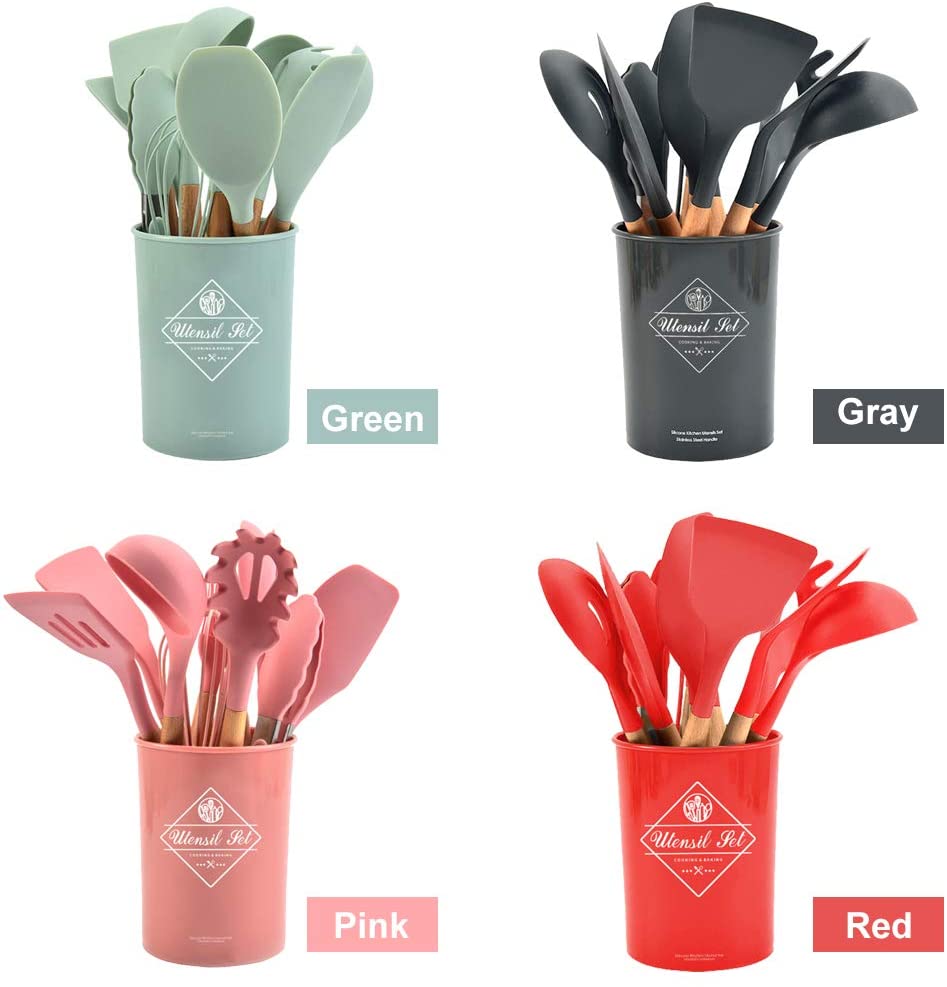 Walfos köksredskap naturligt bokträ handtag silikon köksredskap set silikon matlagning verktyg set köksredskap set