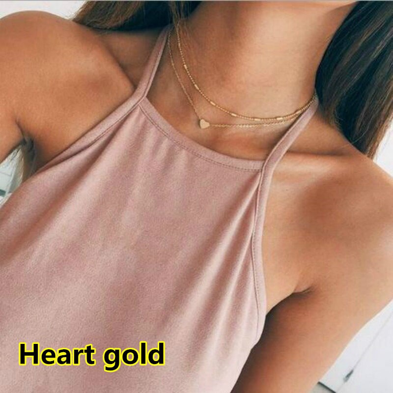 Einfache Herz zwei schichten Halsband Halsketten Für Frauen Multi Schichten Perlen Chocker kragen ras du cou Collier femme Minimalistischen schmuck: Nein1 Herz Gold