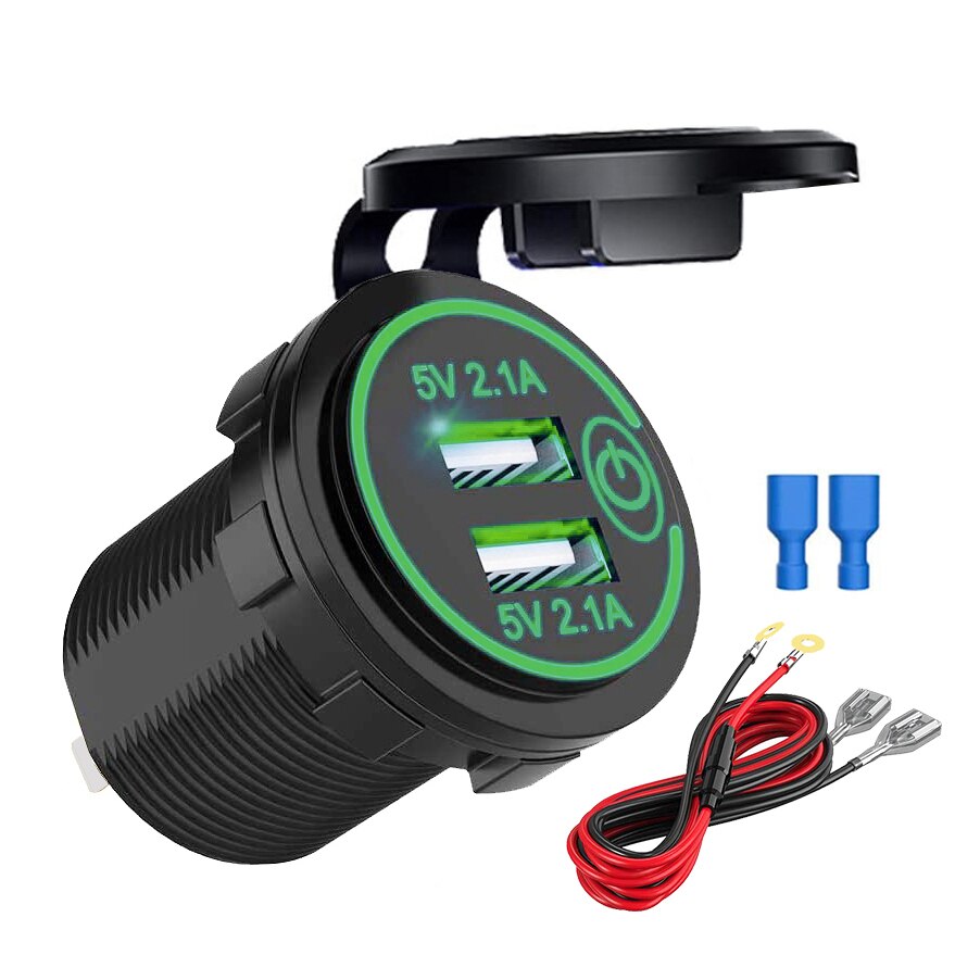 Dobbelt usb-opladerstik 12v/24v usb-udtag vandtæt 4.2a dobbeltopladerstik med touch-kontakt til bilbåd marine motorcykel: Grøn med kabel