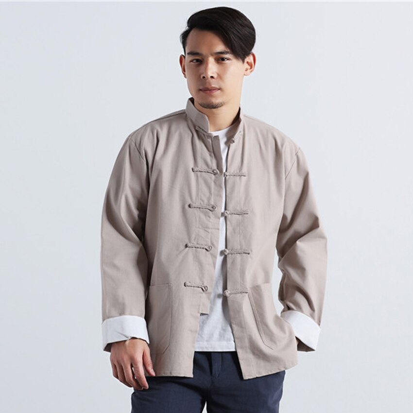 Katoen Linnen Chinese Traditionele Kostuums Tang Pak Voor Mannen Retro Vintage Jasje Shirt Knoop Knop Mandarijn Kraag Tops Outfits: Beige / L