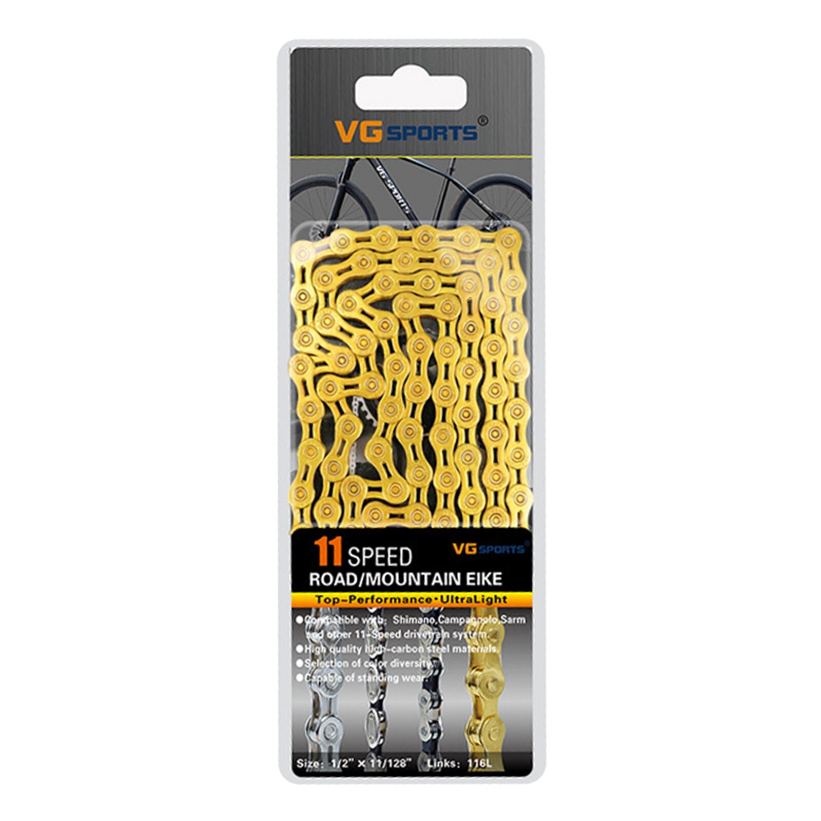 8/9/10/11S 116L Bicycle Chains Half-Hollow Mountain Road Bike Chain Steel High Strength Ultralight Bike Chain Component Parts: 11 Speed Golden