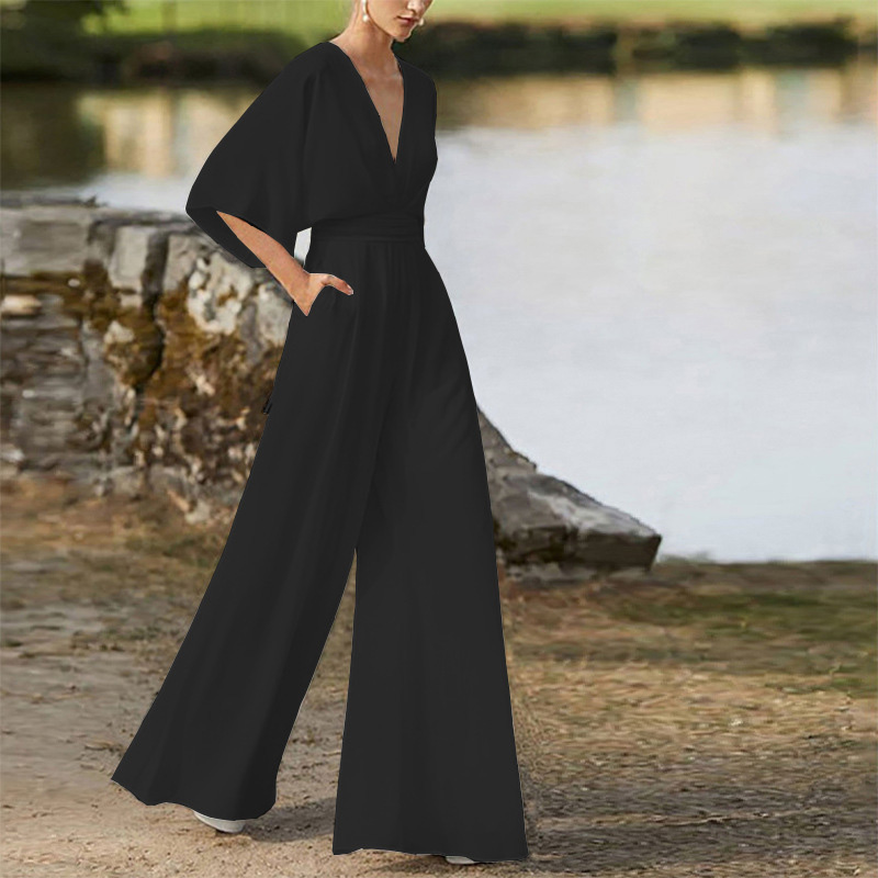 Casual Loose Solid Color V-neck Long-sleeved Jumpsuit