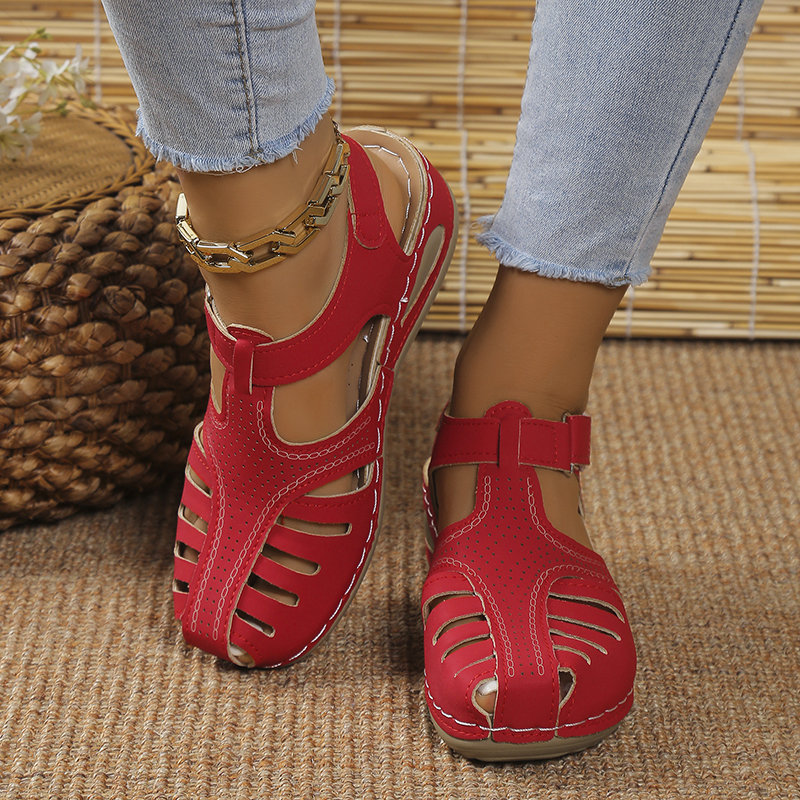 zomer dames sandalen met sleehak Premium orthopedische open teen sandalen Vintage antislip lederen casual vrouwelijke platform retro schoenen: Rood / 36