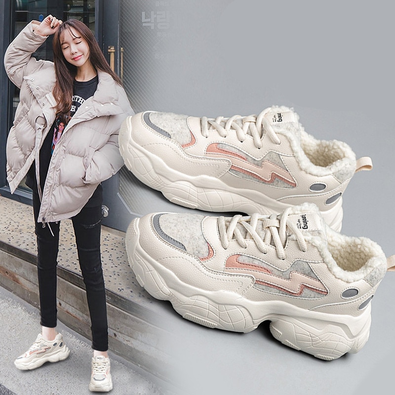 Winter dames sneakers flats platform katoenen schoenen vrouw casual veterschoen antislip plus fluweel om warm te houden damesschoenen