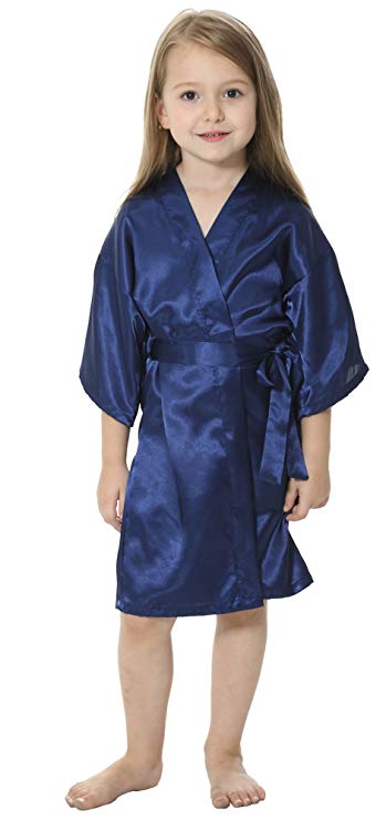 Kids Solid Satin Rayon Kimono Robe Bridesmaid Solid Bathrobe Children Nightgown Sleepwear Dressing Gown: S / Blue