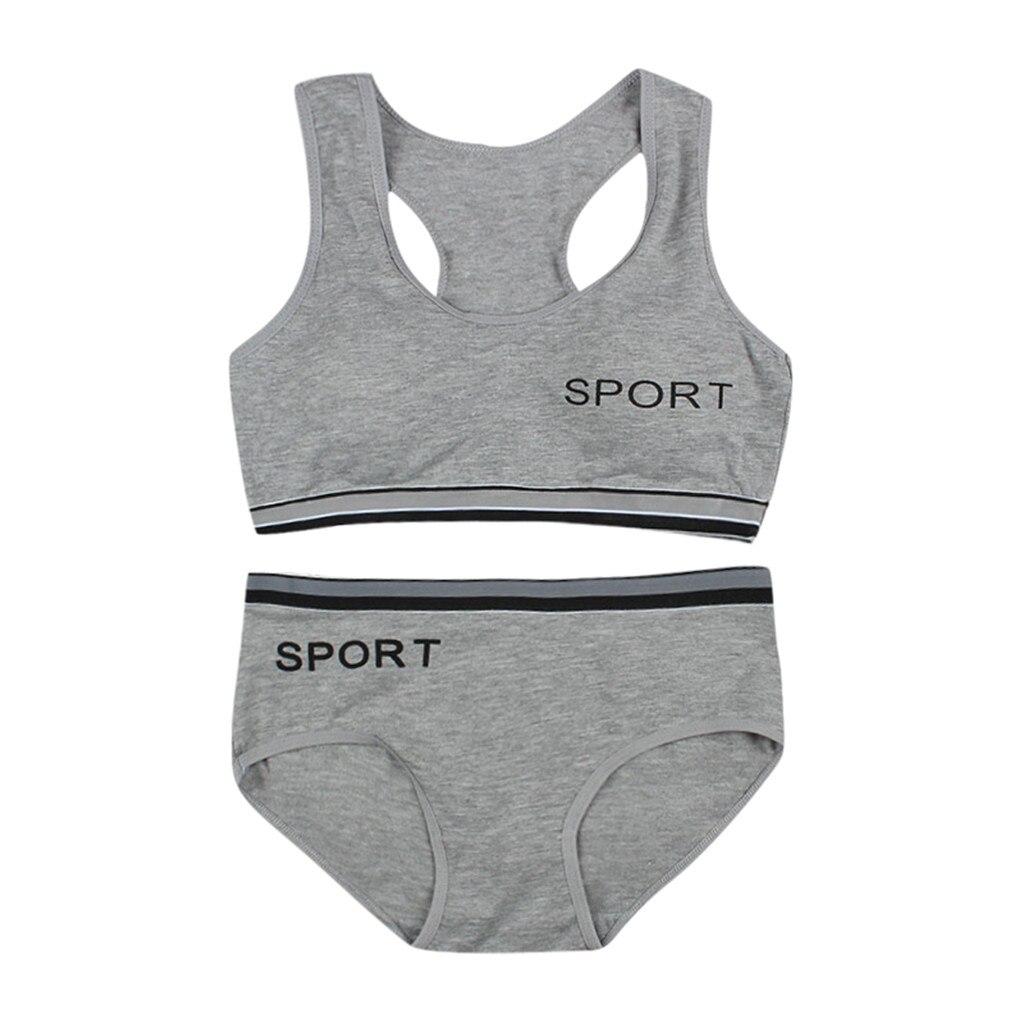 Teen Girls Underwear Bra Vest Children Underpants Briefs Training Bra Soft Breathable sports Gym 2 Piece Under Set Clothes: Gray