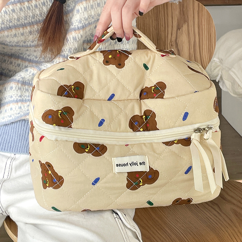 Cartoon Bear Tote Cosmetic Bag Women Quilting Cotton Mini Make Up Orgainzer Storage Pouch Portable Travel Wash Bags: Beige