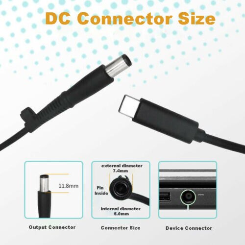 Cable de punta redonda DC PD de USB-C tipo C a 7,4x5,0mm para ordenadores portátiles Dell de 65W o menos