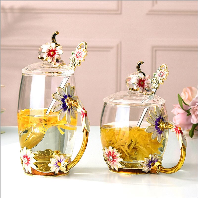 Varmebestandigt krystalglas krus, emalje glas krus, blomst te sæt kaffekop, vand mælk kaffe drinkware til