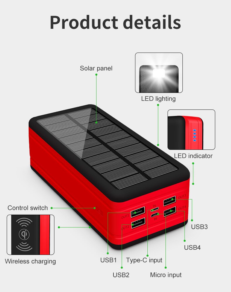 99000mAh Wireless Solar Power Bank Portable Charger Large Capacity 4USB LEDLight Outdoor Fast Charging PowerBank Xiaomi Iphone