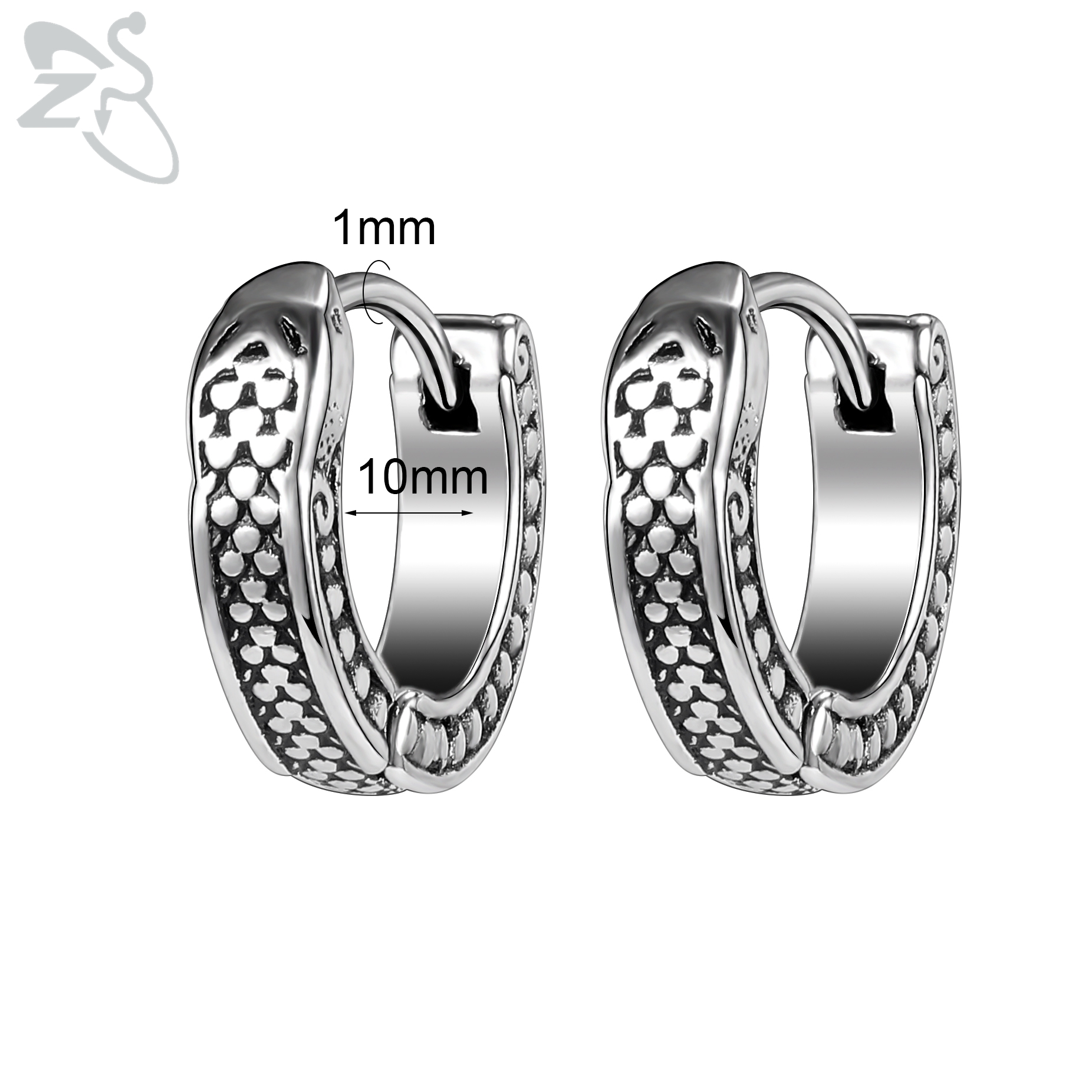 ZS-pendientes de aro de acero inoxidable para hombre, aretes redondos de calavera, serpiente, gótico, Punk, Rock, colgante, cartílago de hélice, 18G, 2 unidades por lote: Rodio plateado