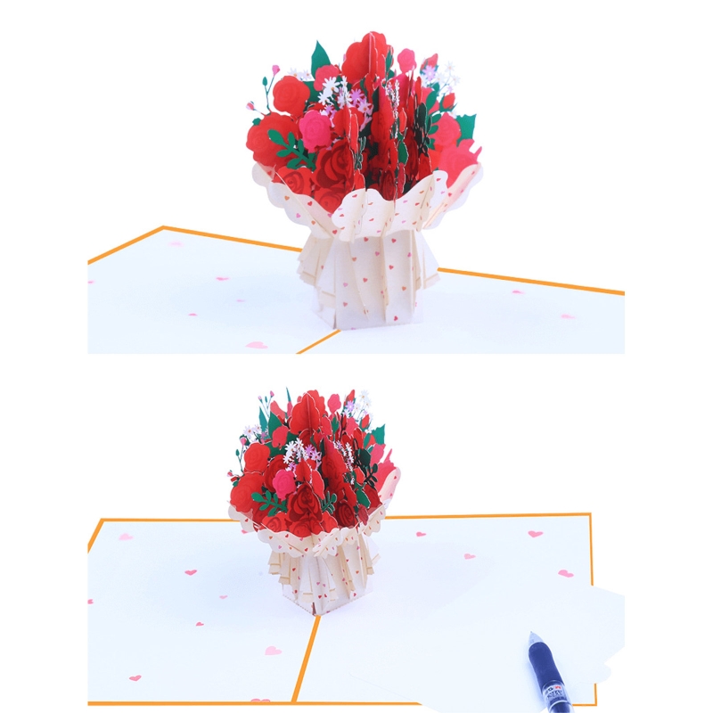 3D Pop Up Greeting Card Flower Bouquet Blessing Message Card Portable Cards