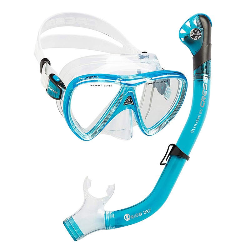 Cressi IKARUS-máscara de buceo, conjunto de esnórquel, máscara de silicona de secado superior, Combo de lentes de vidrio templado para adultos: TRANSLUCENT AZURE