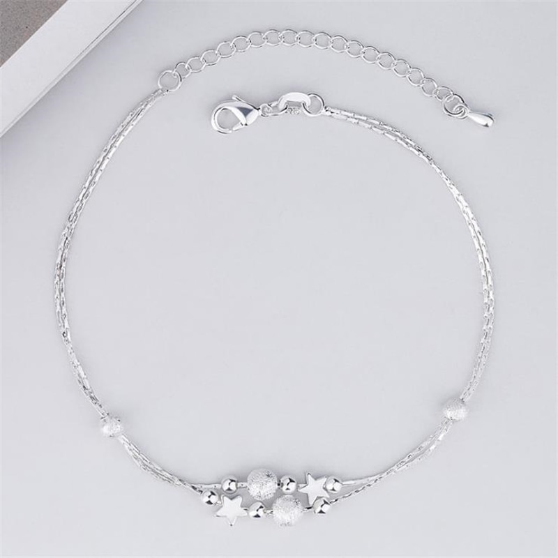 Kofsac Mode Dubbele Ketting 925 Sterling Zilveren Enkelbanden Voor Vrouwen Leuke Star Kralen Enkelbandjes Voet Sieraden Meisje Party