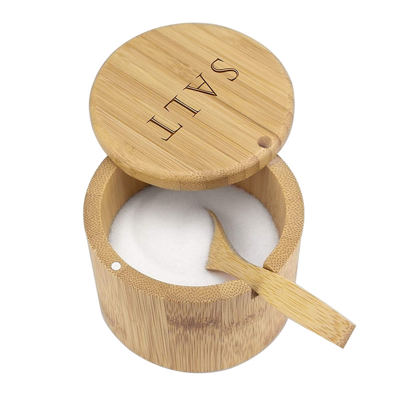 JHD-Salt Box, Bamboo Storage Box With Magnetic Swivel Lid, Salt Engraved On Lid With Bamboo Spoon Bamboo Salt Keeper