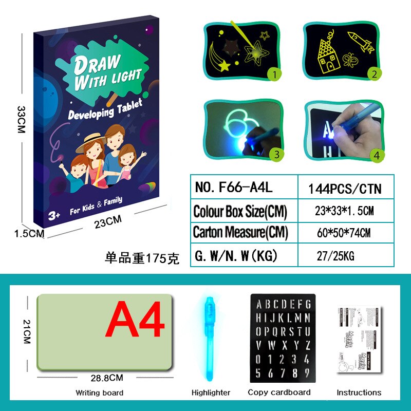 Magic Drawing Pad Tekenen Met Licht Fun Magic Tekentafel Game Light-Fun Schetsblok Board Light Up Play Speelgoed Voor Kinderen: English A4