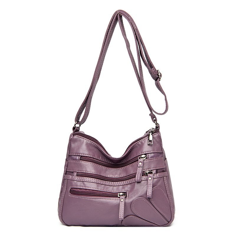 cuir souple sac à main double fermeture éclair sac à bandoulière simple sac de messager tendance multi-poche sac femmes sac marron: purple