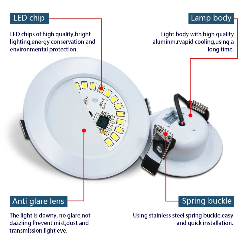 Foco LED empotrable para techo, lámpara redonda para sala de estar, cocina y baño, CA 220V, 3W, 5W, 7W, 9W, 12W, 15W