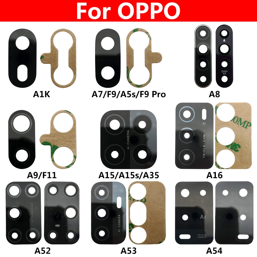 100% oryginalna tylna soczewka aparatu tylnego obiektyw z samoprzylepną do Oppo A1k A5S A8 A9 A15 A16 A52 A53 A54 A74 A93 Realme 5 6 C3 C11 Z6