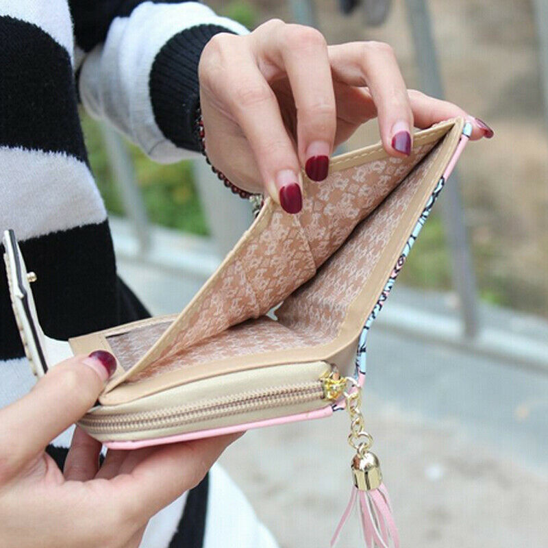 Söt handväska läder kort tofs dragkedja plånbok myntkorthållare mjukt läder telefonkort kvinnlig koppling
