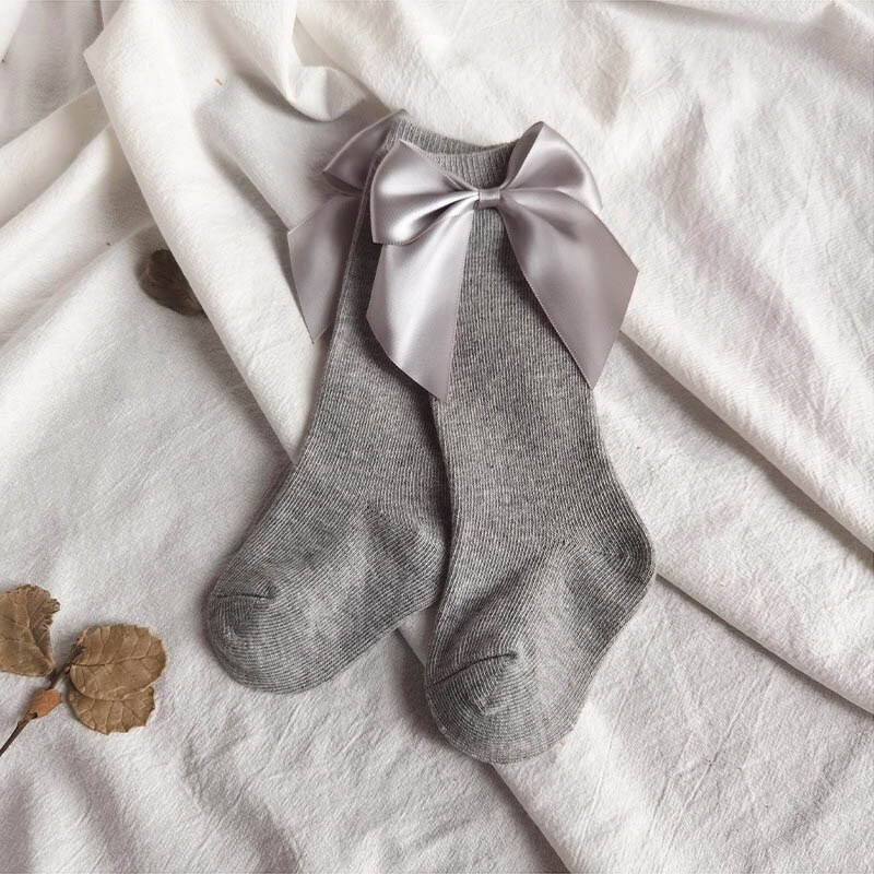 Big Bows Baby Socks Solid Color Spring Summer Kids Girl Knee Socks Soft Cotton Infant Toddler Long Socks: gray