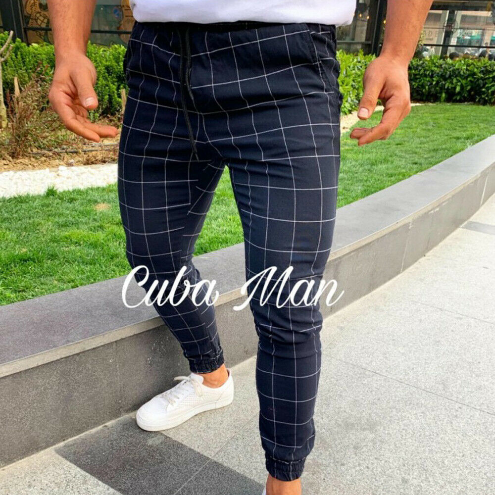 Pantalon de survêtement à carreaux pour homme, bas de jogging moulant, Streetwear, à la: M / Bleu