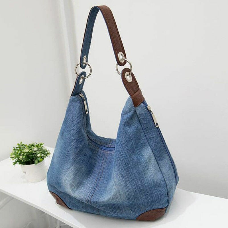 Bolso de mano vaquero de lona de gran capacidad para mujer, bolsa de compras de un hombro, , versión coreana, , Color sólido informal,