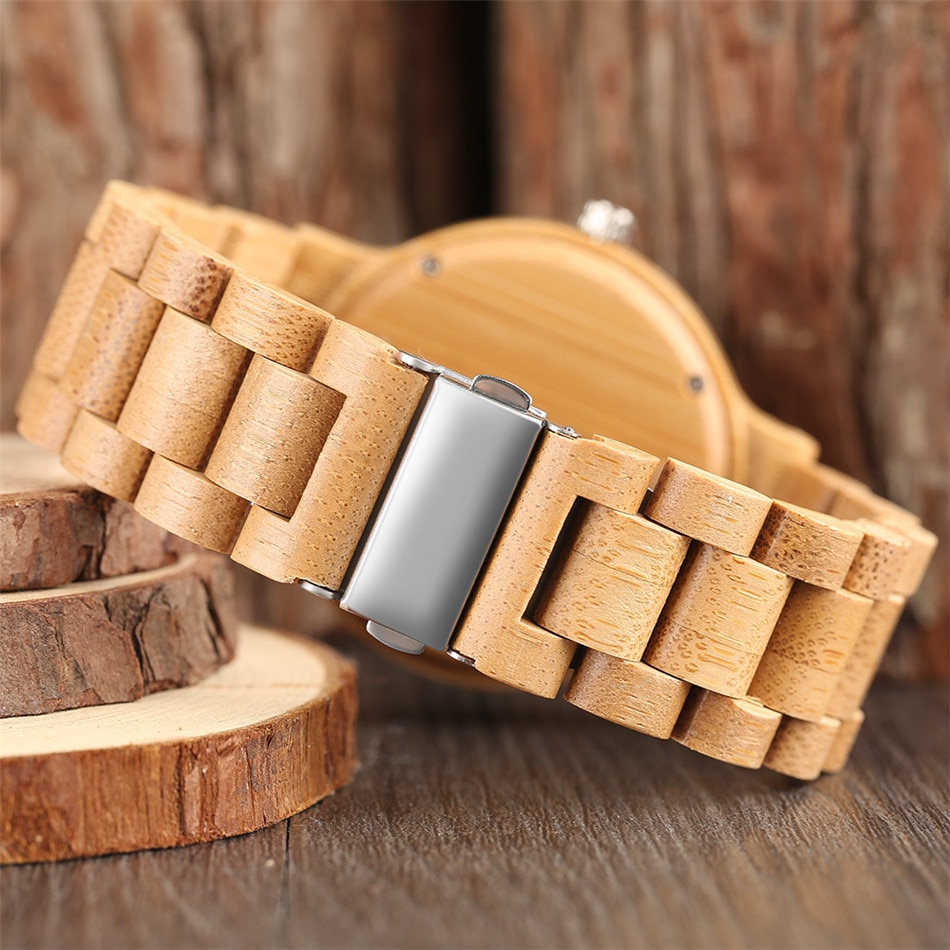 Bamboe Hout Horloge Voor Mannen Trendy Gekleurde Strips Display Mens Houten Quartz Horloge Vouwsluiting Hout Uurwerk