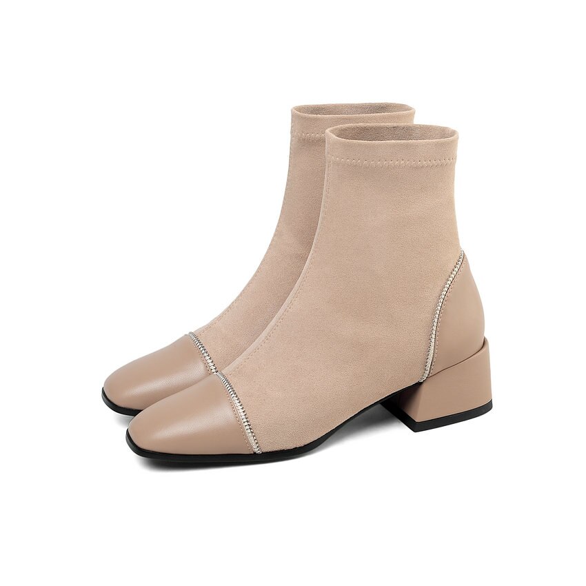 QUTAA Patchwork PU Leather Scrub Slip on Women Shoes Square Heel Ankle Boots Round Toe Autumn Winter Ladies Pumps Size34-43: Apricot / 12