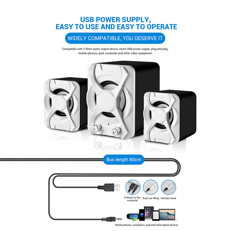 USB + AUX Wired Computer Subwoofer Speakers 5W+3W*2 Set Bass Reinforcement Stereo 2.1 Speakers for PC Phone Loudspeaker